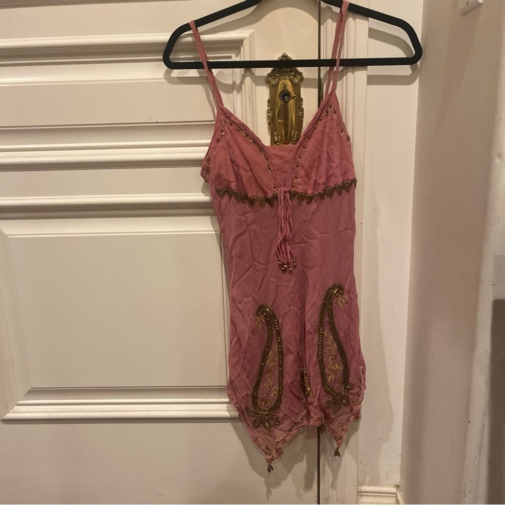Vintage 90s Y2K Embellished Pink Beaded Sequin Flowy Top Size M Boho Festival